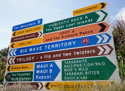 Taranaki travel tips - sign to some famous surf spots on the Surf Highway 45