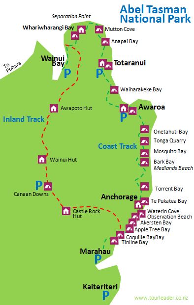 Abel Tasman Tipps: Karte des Nationalparks mit Wanderungen und Unterkünften