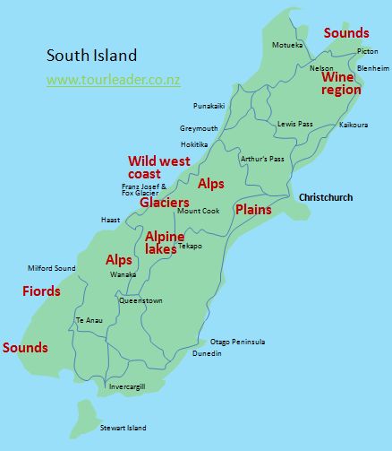 Map of the main South Island landscape features