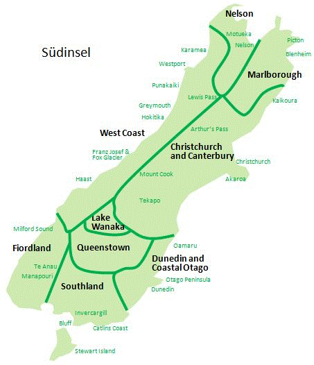 Neuseeland-Südinsel-Regionen